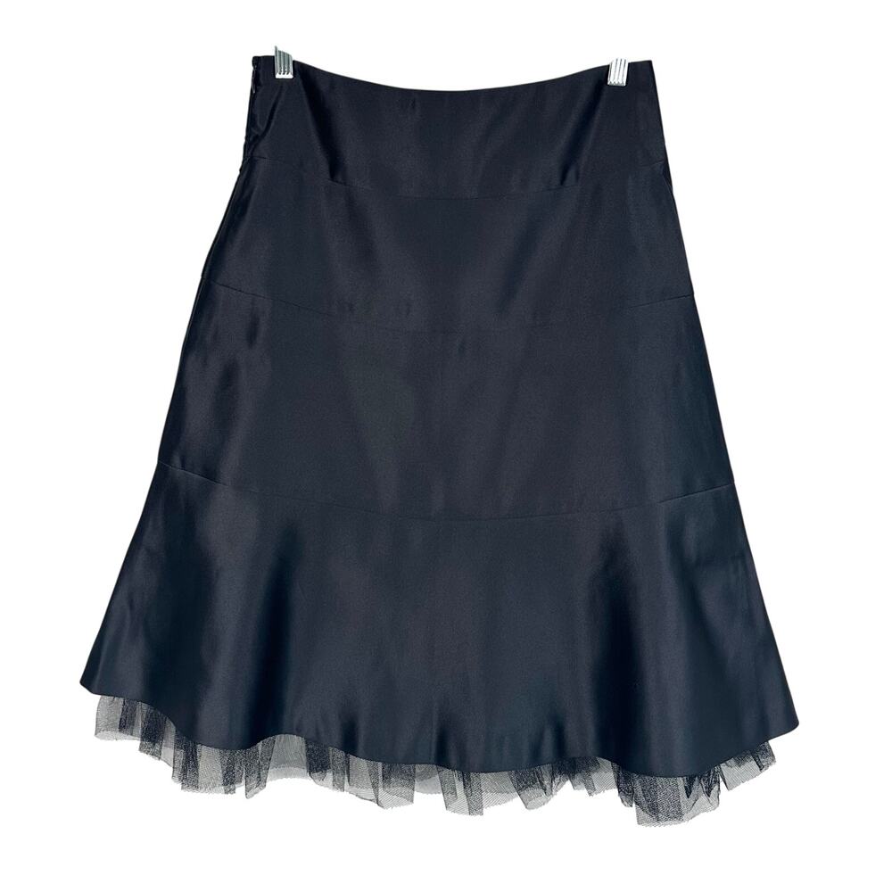 BCBGMAXAZRIA Black Satin Flare Skirt Size 2 Tulle Hem Whimsygoth Dark Coquette